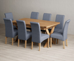 Extending Buckley 160cm Solid Oak Dining Table with 8 Blue Scroll Back Chairs