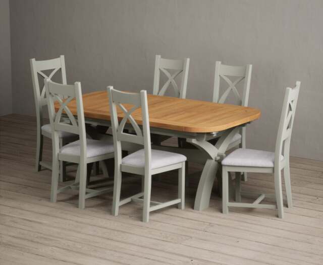 Extending Olympia 180cm Oak and Soft Green Painted Dining Table with 6 Blue Painted Chairs