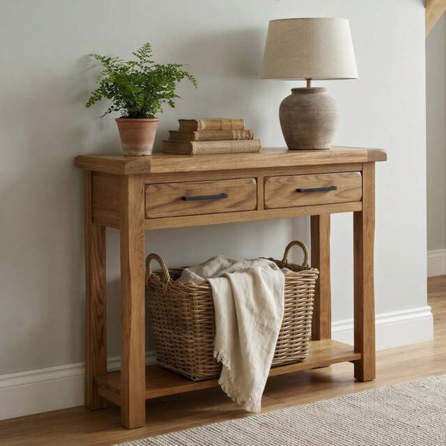 Rustic Solid Oak Console Table - 2 Dovetail Drawers & Shelf