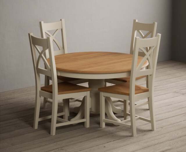 Hertford 120cm Fixed Top Oak and Cream Painted Dining Table with 4 Oak Painted Chairs