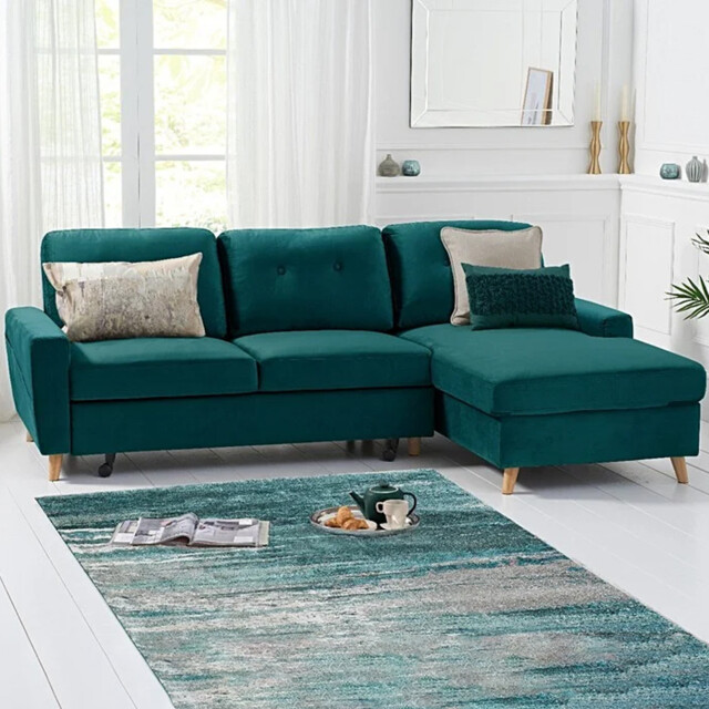 Florence Right Facing Chaise Sofa Bed in Green Velvet