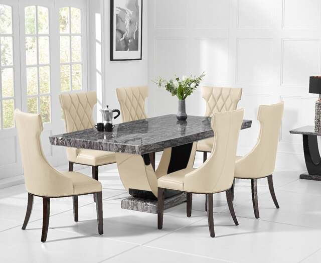 Novara 200cm Dark Grey Pedestal Marble Dining Table with 10 Cream Sophia Chairs