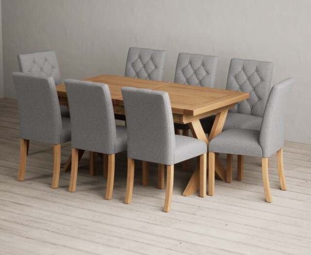 Extending Buckley 160cm Solid Oak Dining Table with 8 Grey Isabella Chairs