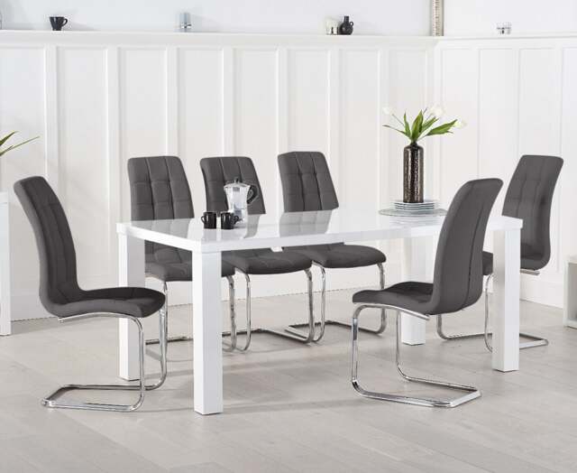 Seattle 200cm White High Gloss Dining Table with 6 Grey Vigo Chairs