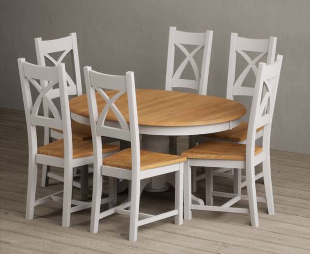 Extending Hertford 100cm - 130cm Oak and Soft White Painted Pedestal Dining Table with 4 Oak Painted Chairs