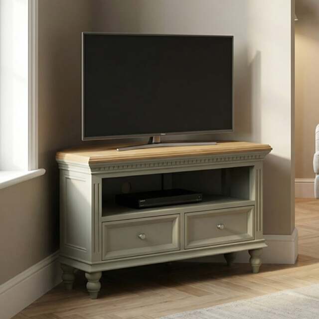 Francis Oak and Soft Green Painted Corner TV Cabinet