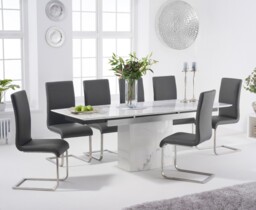 Extending Savona 160cm White Marble Dining Table with 8 Grey Austin Chairs