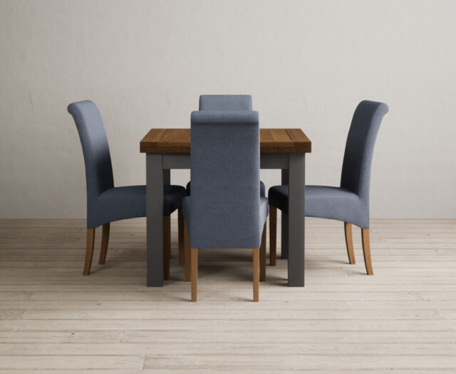 Extending Buxton 90cm Oak and Charcoal Grey Dining Table with 4 Blue Scroll Back Chairs
