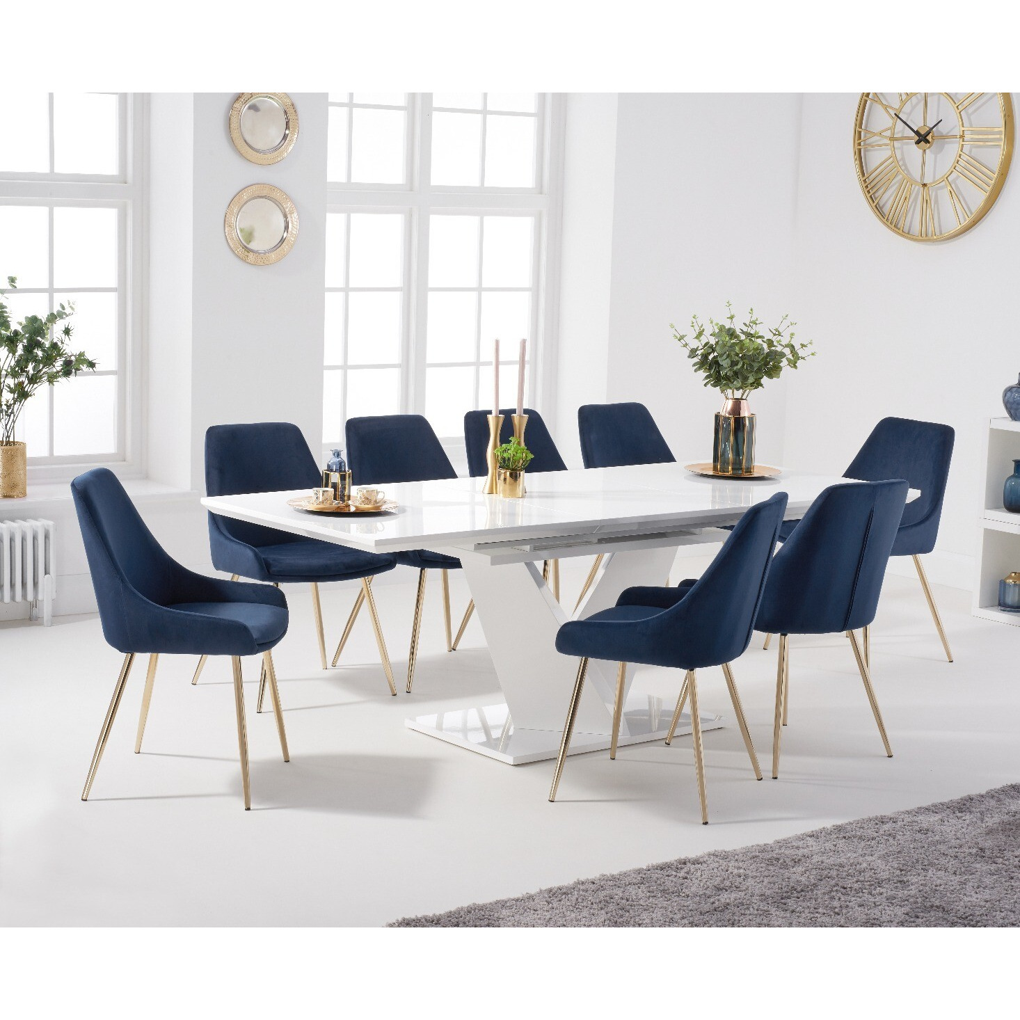 Vittorio 160cm White High Gloss Extending Dining Table With 10 Blue Lola Velvet Chairs