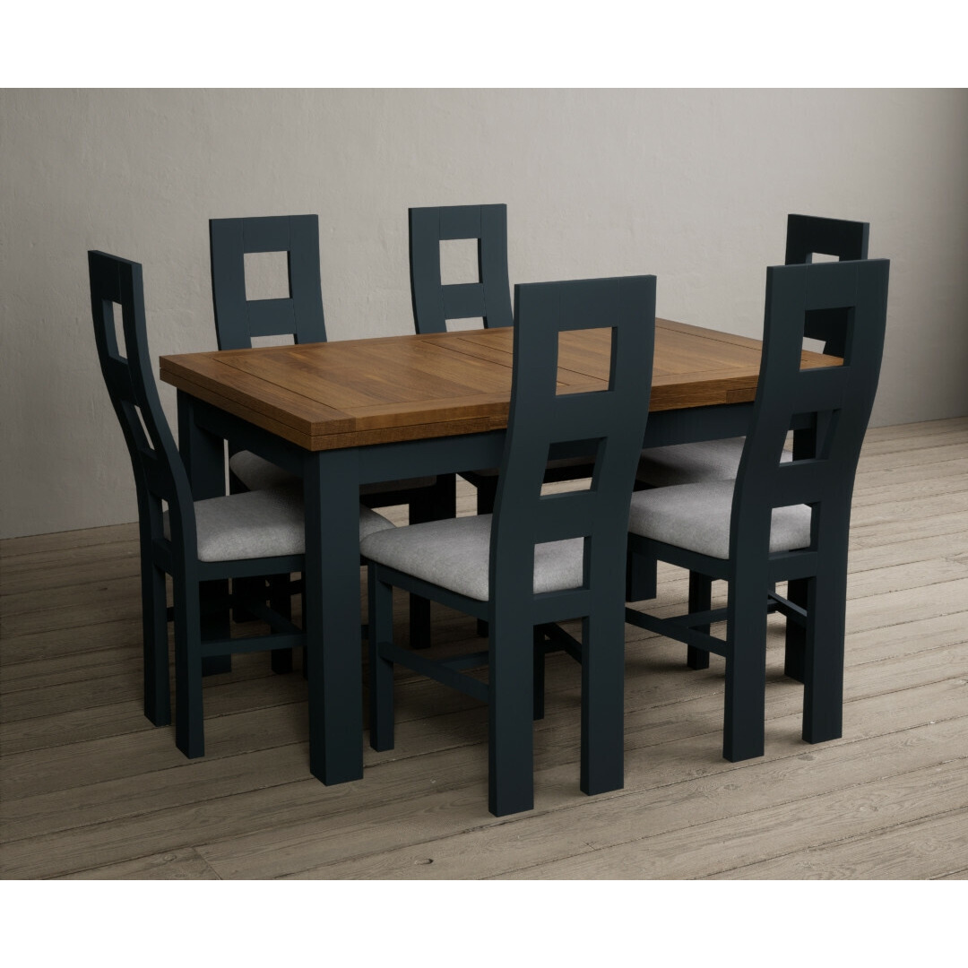 Buxton 140cm Oak and Dark Blue Extending Dining Table With Light Grey 6 Flow Back Chairs