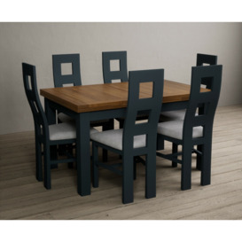 Buxton 140cm Oak and Dark Blue Extending Dining Table With 8 Light Grey Flow Back Chairs