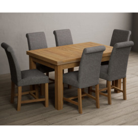 Buxton 140cm Solid Oak Extending Dining Table With 6 Blue Scroll Back Braced Chairs