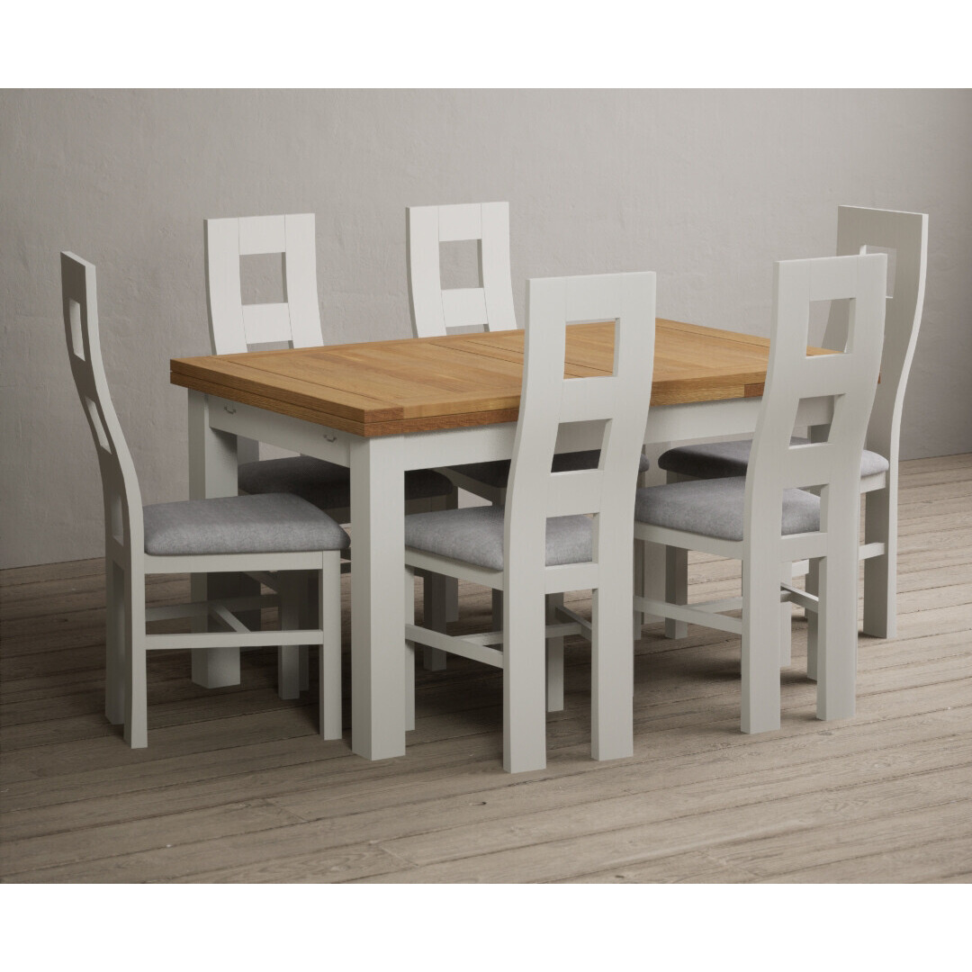 Extending Buxton 140cm Oak and Signal White Dining Table with 6 Brown Flow Back Chairs