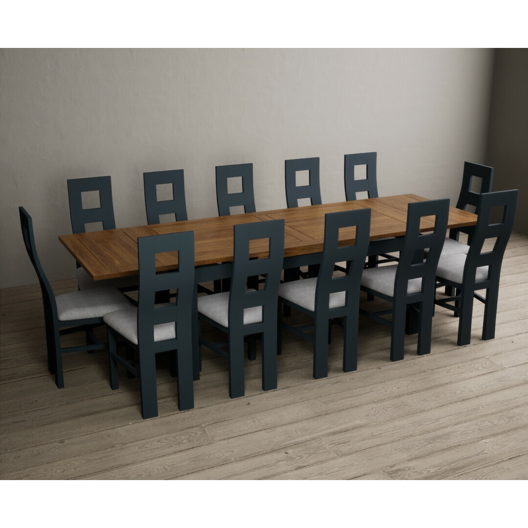 Hampshire 180cm Oak and Dark Blue Extending Dining Table With 10 Charcoal Grey Flow Back Chairs