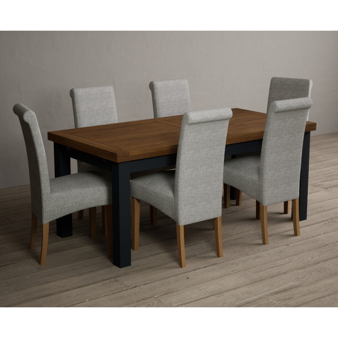 Extending Buxton 180cm Oak and Dark Blue Dining Table With 6 Grey Scroll Back Chairs