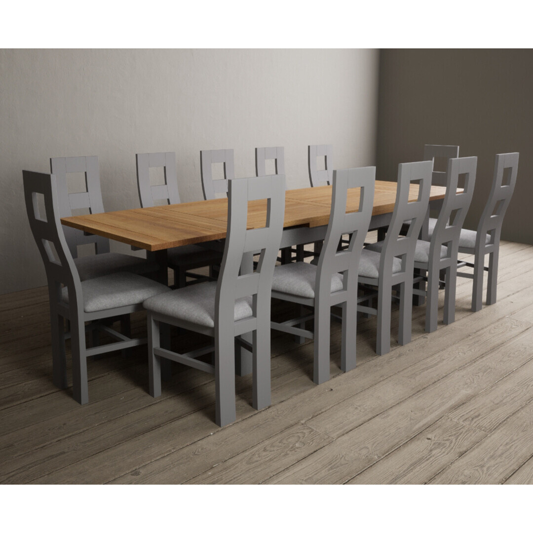 Buxton 180cm Oak and Light Grey Extending Dining Table With 8 Charcoal Grey Flow Back Chairs