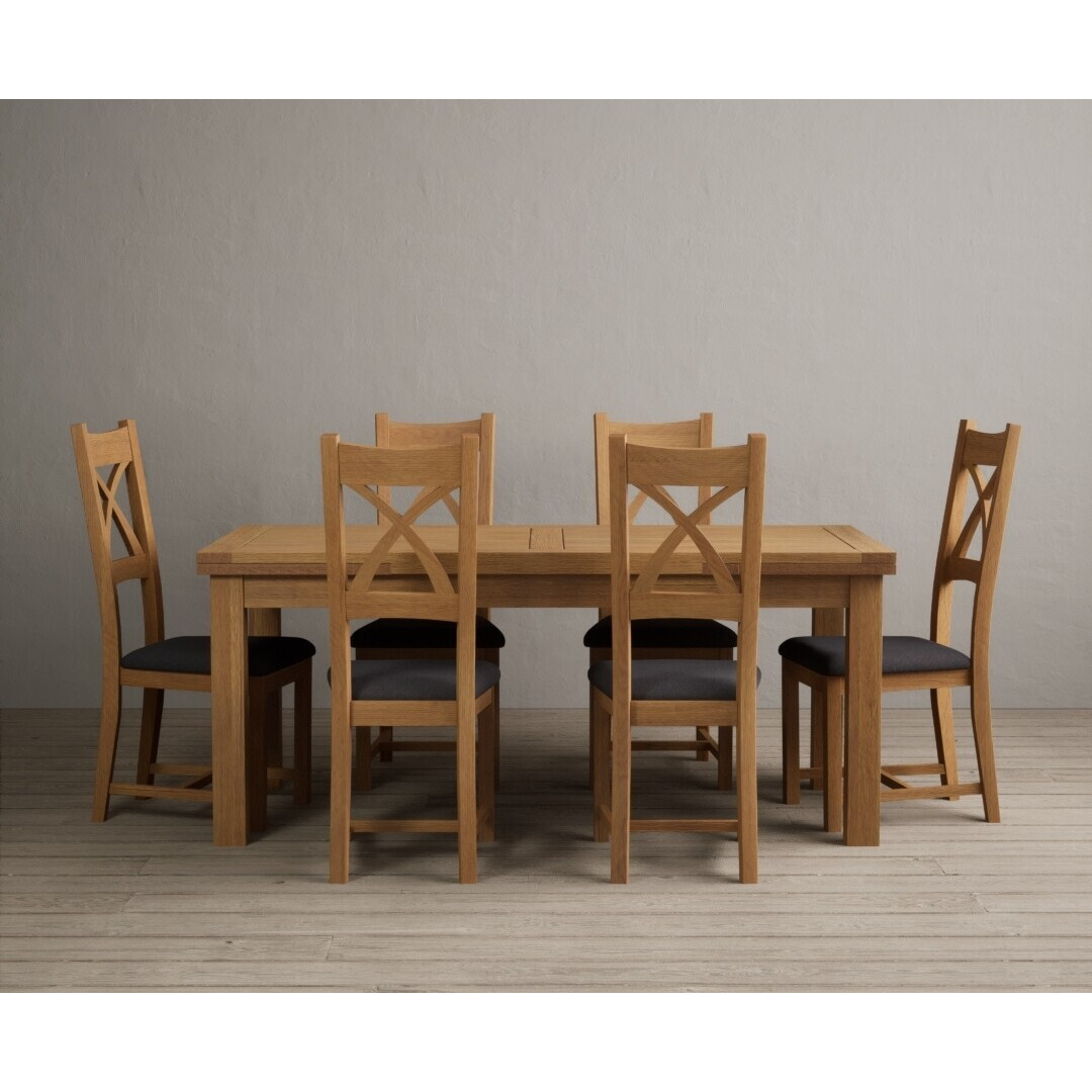 Extending Buxton 180cm Solid Oak Dining Table With 12 Charcoal Grey X Back Chairs