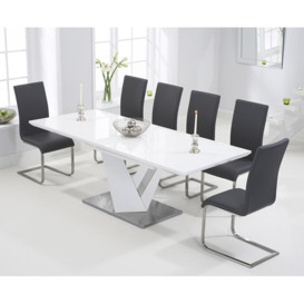 Santino 160cm White High Gloss Extending Dining Table With 10 Grey Austin Chairs