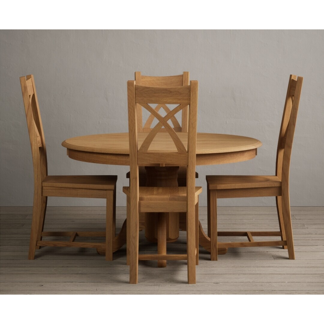 Hertford 120cm Fixed Top Solid Oak Round Pedestal Table  With 6 Oak X Back Chairs