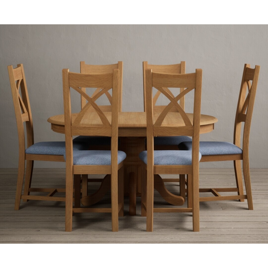 Extending Hertford 100cm - 130cm Solid Oak Pedestal Dining Table  With 6 Blue X Back Chairs