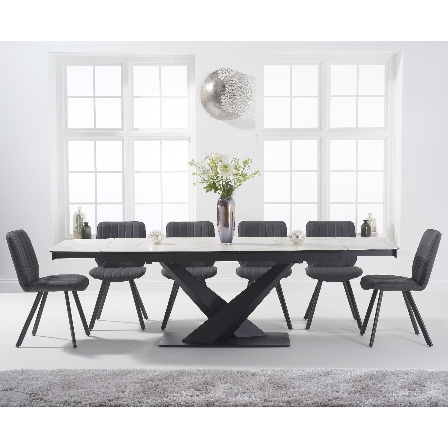 Extending Jacob 180cm White Ceramic Dining Table with 6 Brown Hendrick Chairs