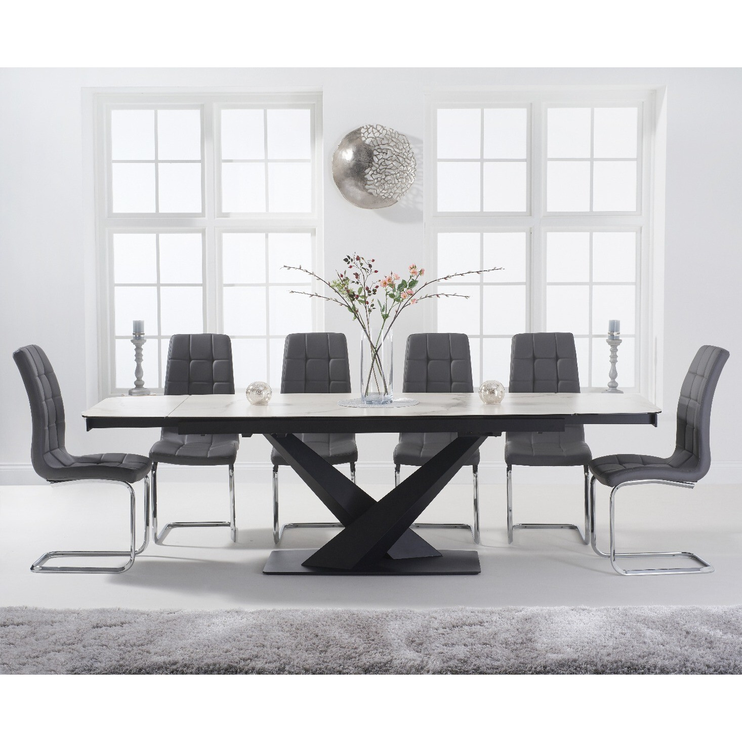 Extending Jacob 180cm White Ceramic Dining Table with 6 Grey Vigo Chairs