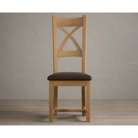 Natural Solid Oak X Back Dining Chairs with Brown Suede Seat Pad