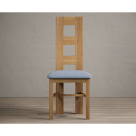 Natural Solid Oak Flow Back Dining Chairs with Sky Blue Fabric Seat Pad