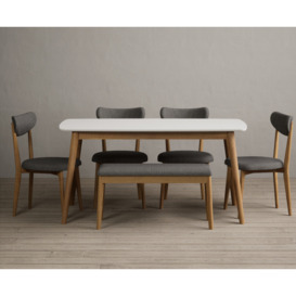 Nordic 150cm Solid Oak and Signal White Painted Dining Table with 2 Grey Nordic Chairs with 1 Grey Bench