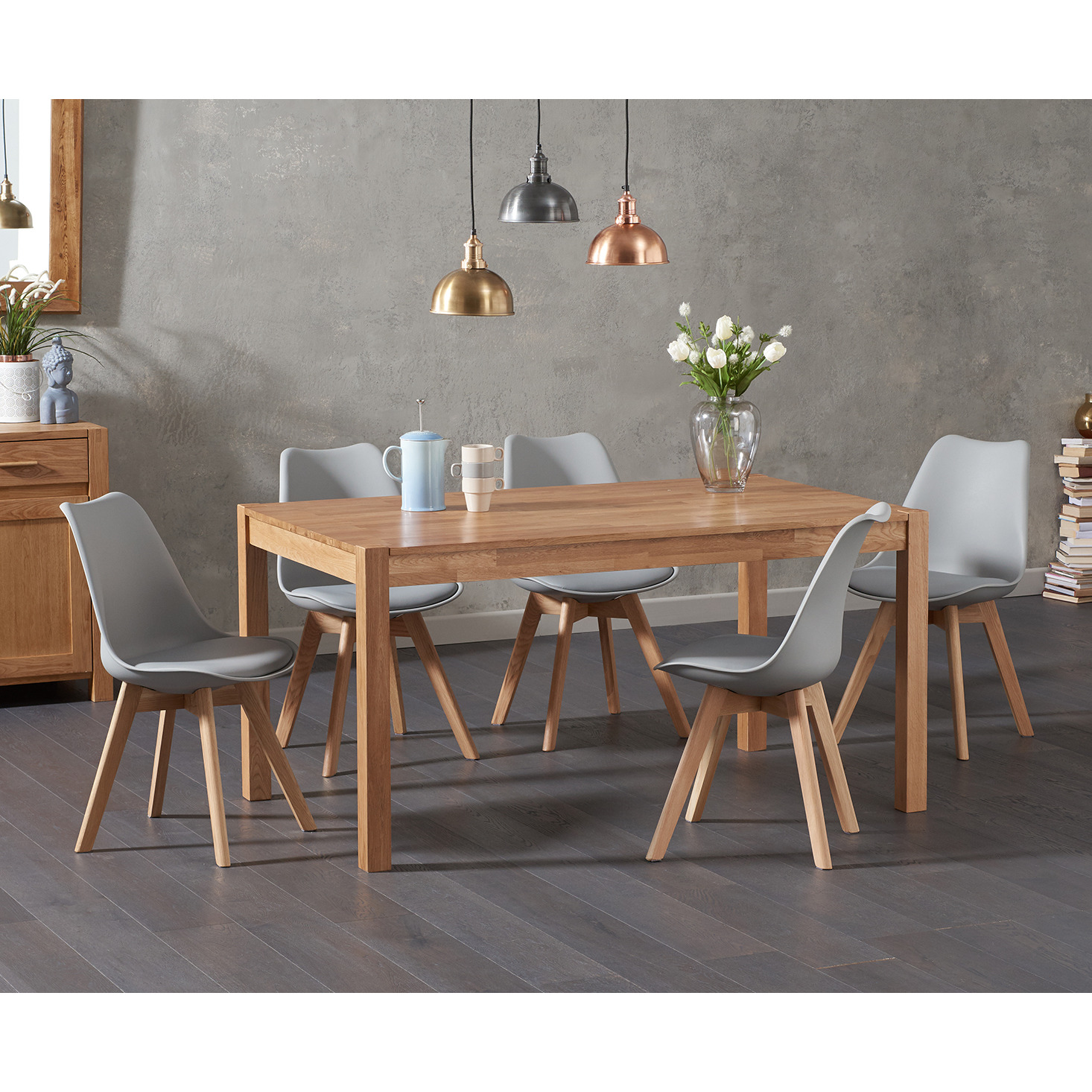 York 150cm Solid Oak Dining Table With 6 White Orson Faux Leather Chairs