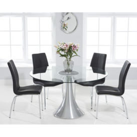 Paloma 135cm Round Glass Dining Table with 6 Black Marco Chairs