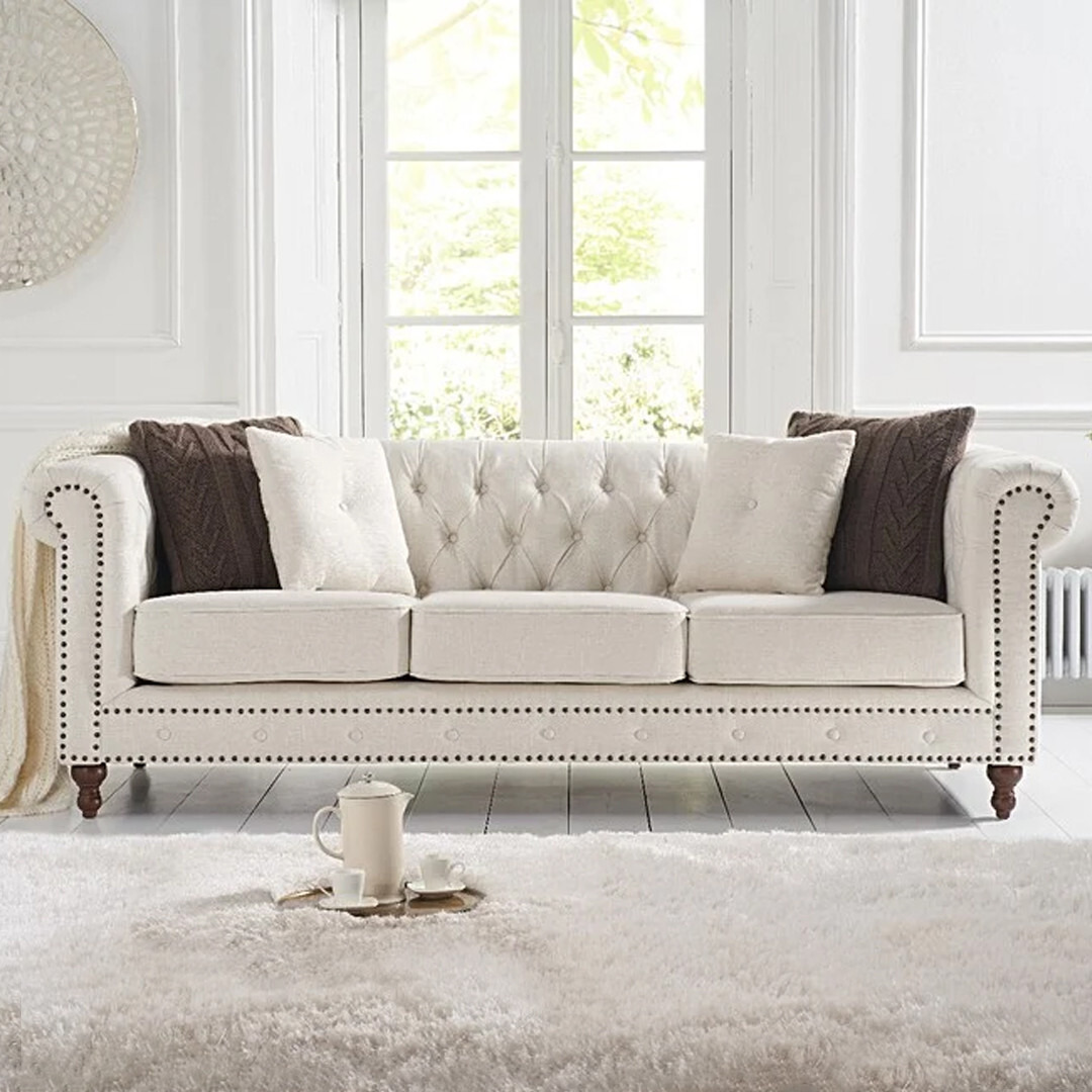 Milano Chesterfield Ivory Linen 3 Seater Sofa