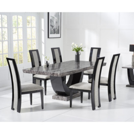 Raphael 170cm Dark Grey Pedestal Marble Dining Table With 6 Brown Novara Chairs