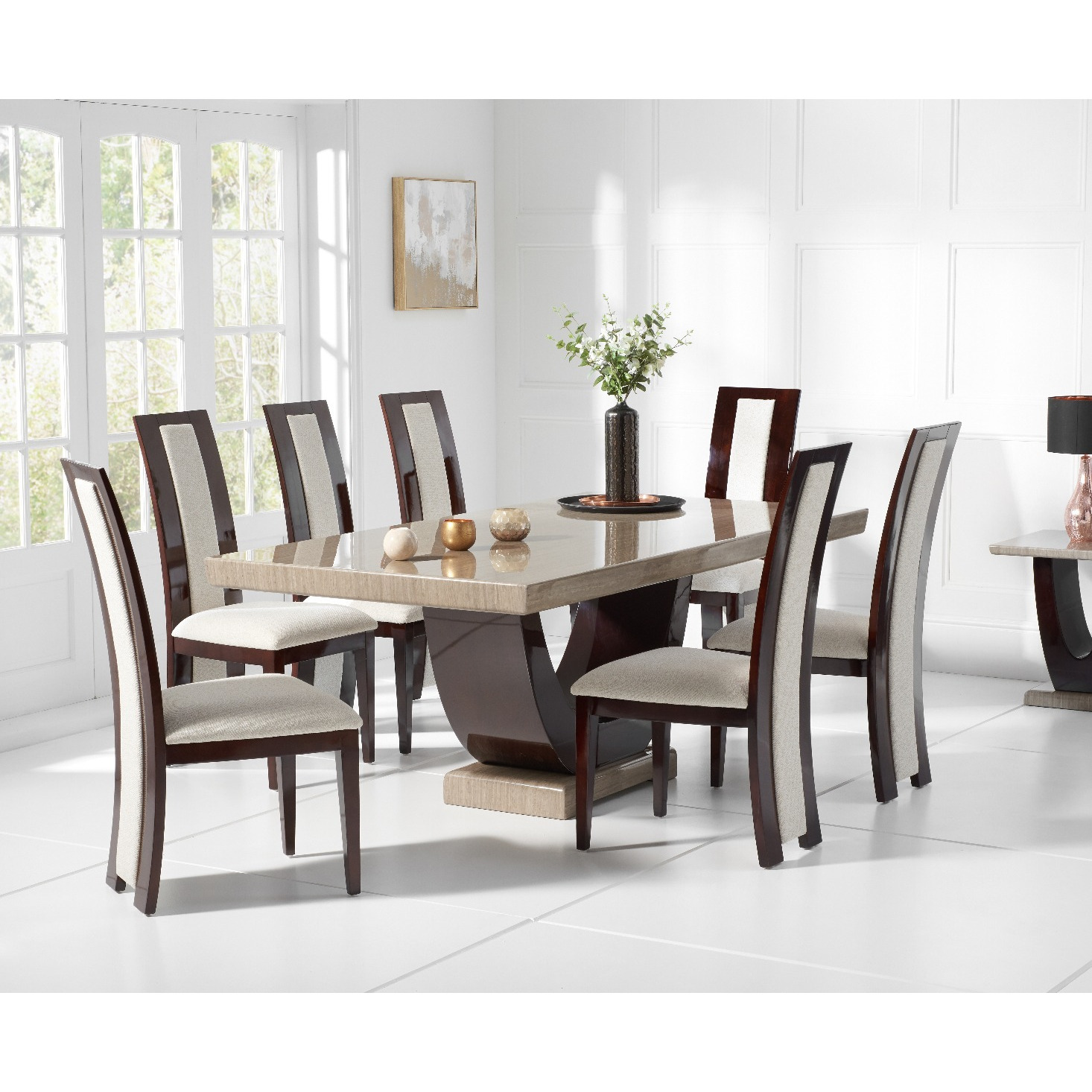 Raphael 200cm Brown Pedestal Marble Dining Table With 10 Black Novara Chairs