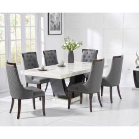 Raphael 200cm White and Black Pedestal Marble Dining Table With 12 Cream Francesca Chairs