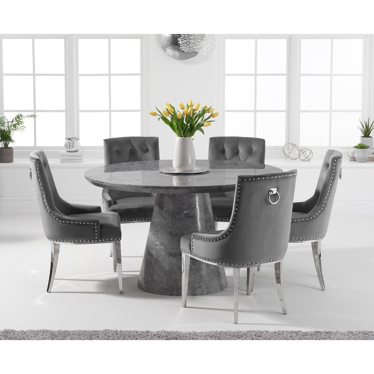 Ravello 130cm Round Grey Marble Dining Table With 6 Grey Sienna Velvet Chairs