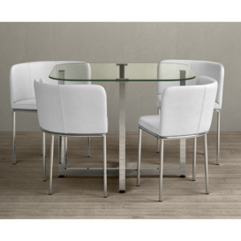 Rhodes Glass Stowaway Dining Table with White High Back Stools