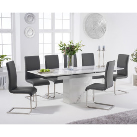 Extending Savona 160cm White Marble Dining Table with 8 Grey Austin Chairs