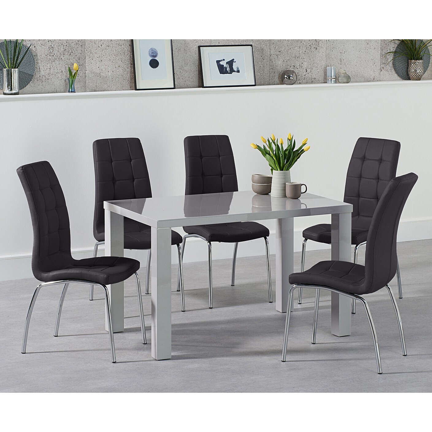 Seattle 120cm Light Grey High Gloss Dining Table with 4 White Enzo Chairs