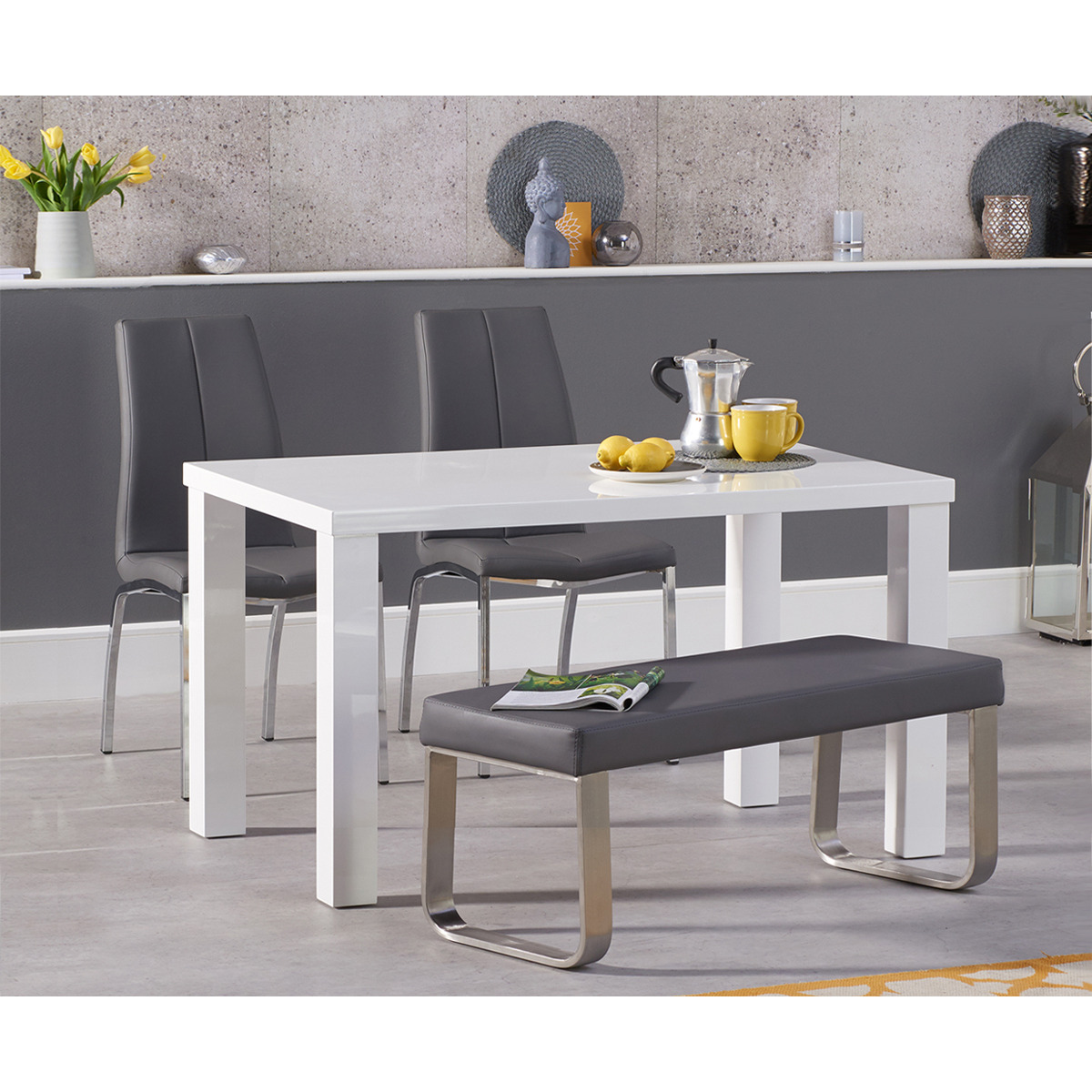 Seattle 120cm White High Gloss Dining Table with 2 White Marco Chairs and 1 Austin Grey Bench