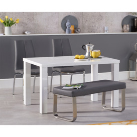 Seattle 120cm White High Gloss Dining Table with 4 Grey Marco Chairs and 2 Austin Grey Bench