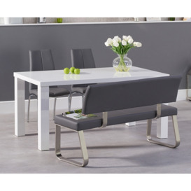 Seattle 160cm White High Gloss Dining Table with 2 Grey Marco Chairs with 1 Grey Bench