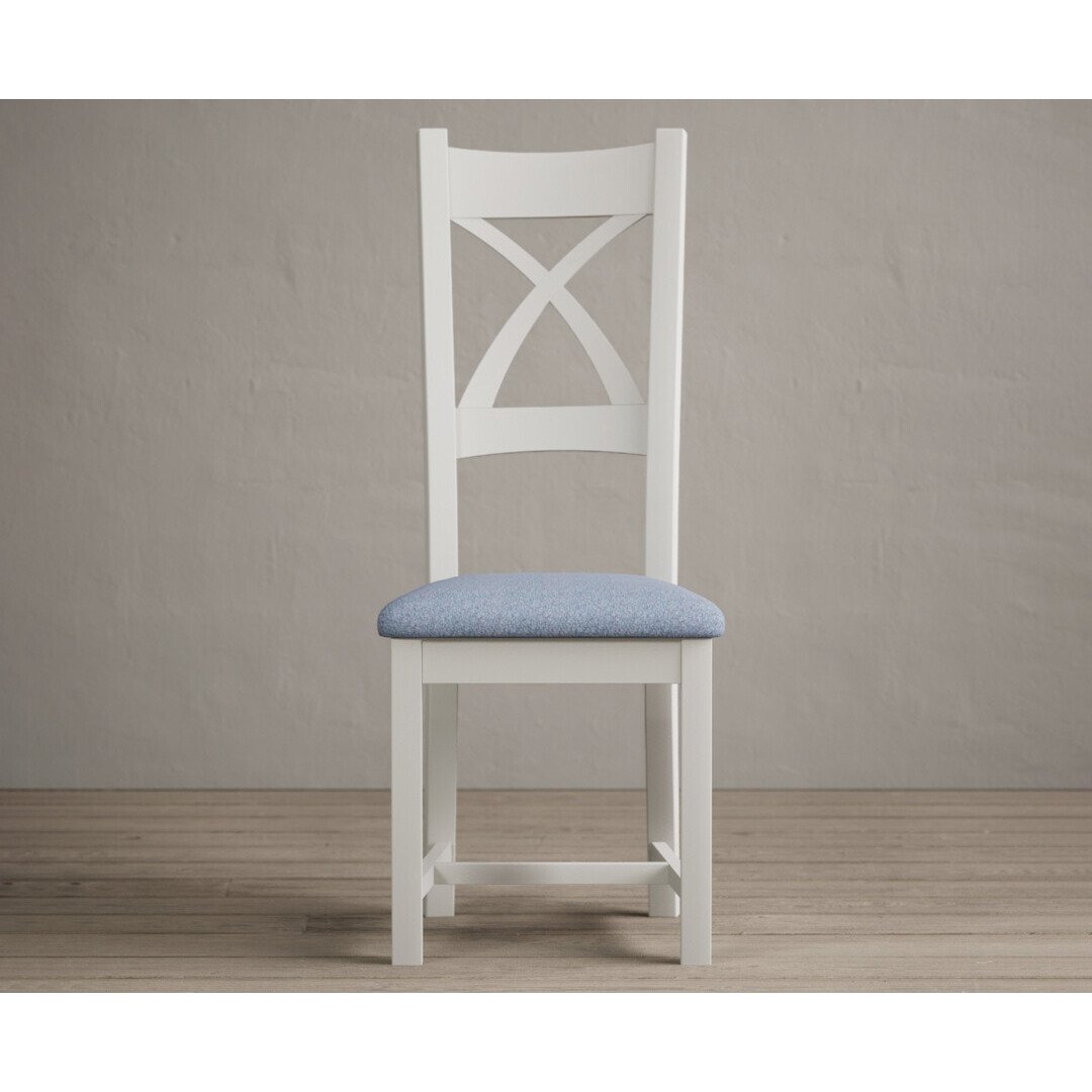 Painted Signal White X Back Dining Chairs with Blue Fabric Seat Pad