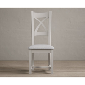 Painted Soft White X Back Dining Chairs with Light Grey Fabric Seat Pad