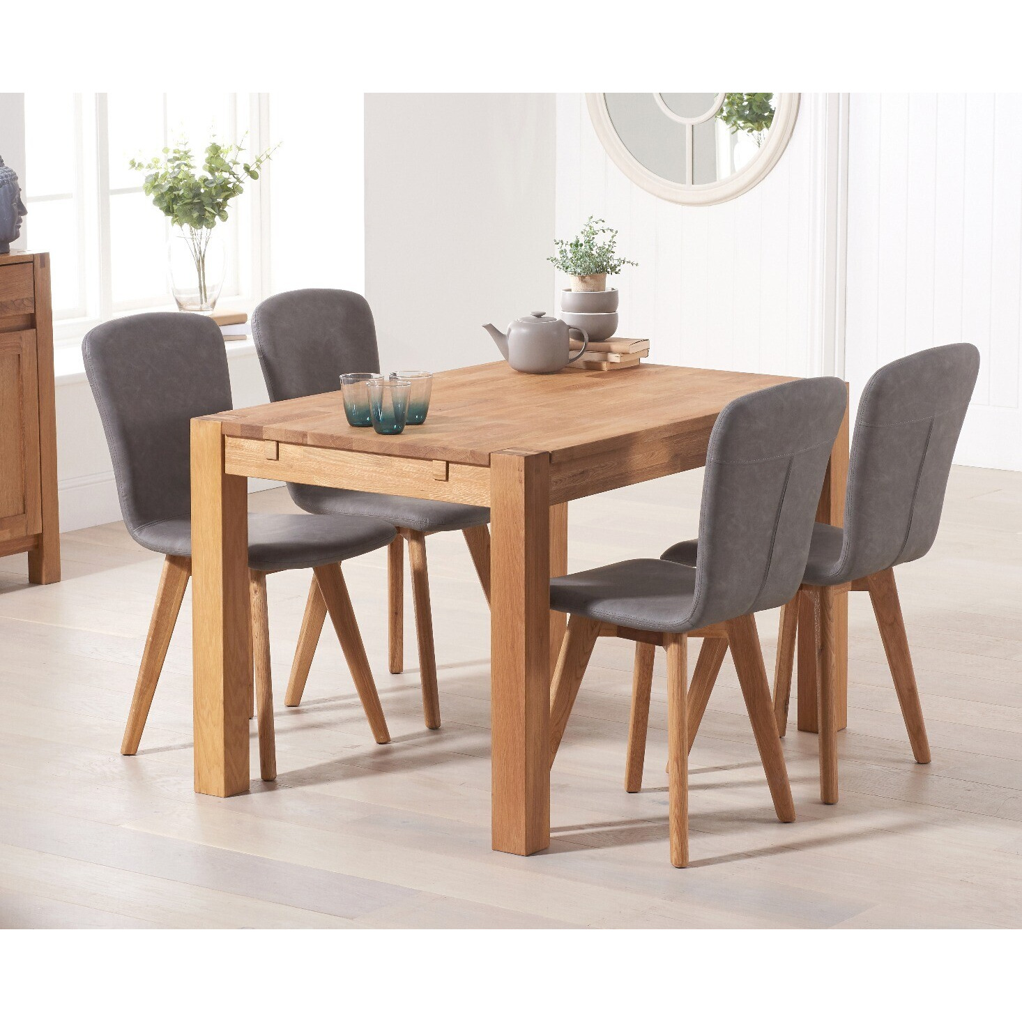 Thetford 120cm Oak Dining Table with 4 Grey Ruben Chairs