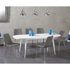 Extending Veneti White High Gloss Dining Table With 4 Grey Astrid Faux Leather Chairs