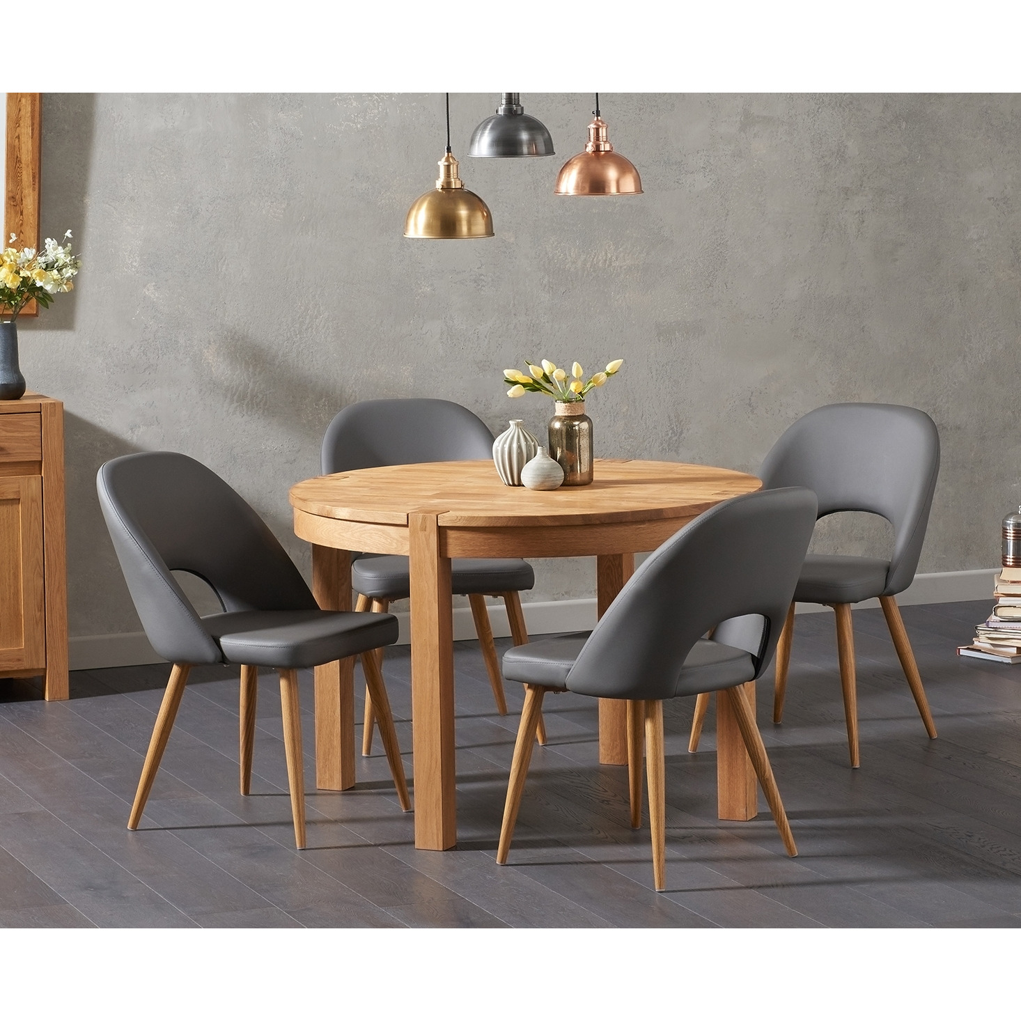 Verona 110cm Oak Round Dining Table with Halifax Faux Leather Chairs
