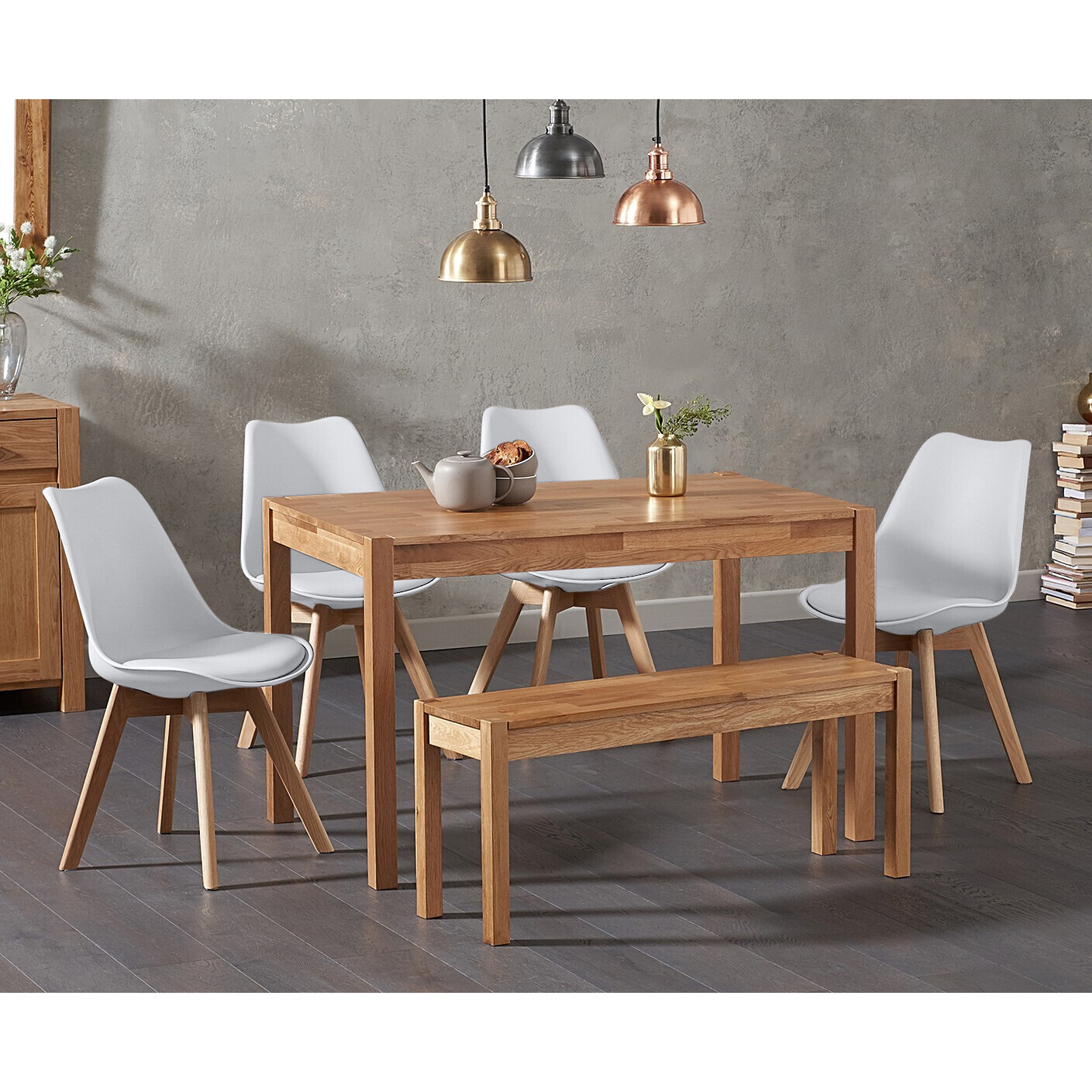 York 120cm Solid Oak Dining Table With 2 White Orson Faux Leather Chairs And 1 York Bench