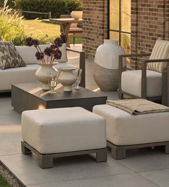 OKA, Swanmore Garden Ottoman - Weathered Teak, Garden Seating