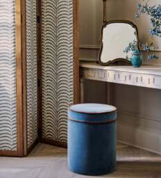 OKA, Samena Velvet Ottoman - Air Force Blue/Dirty Orange, Ottoman
